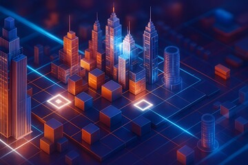 Smart cyber city technology, 3D hub. Urban planning, digital high-tech infrastructure, IoT, intelligent connectivity. Skyscrapers, metropolis data driven architecture AI-powered city buildings network