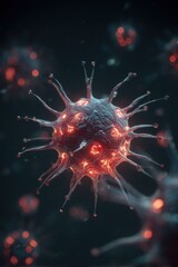 Obraz premium Vivid 3D Rendered Virus Particle with Fiery Core and Spiky Surface in Dark Microscopic Environment.