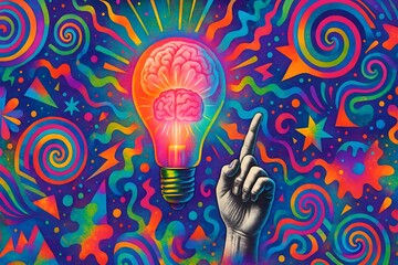 Complexity of thought processes and the human mind. Thoughts, creativity, emotions, mental health, vibrant art collage. Psychology, self-analysis, mental disorders and wellbeing, cognitive processes