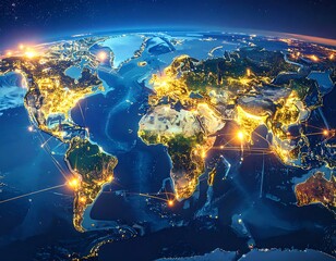 Global night view with illuminated cities and network connections