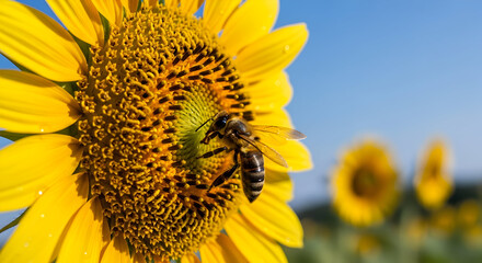Honeybee collecting pollen from a bright yellow sunflower close-up shot against a clear blue sky symbolizing summer and natures beauty