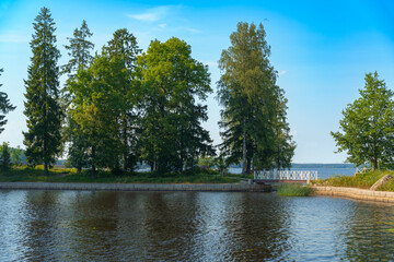 Small forested island with tall trees on calm lake in summer