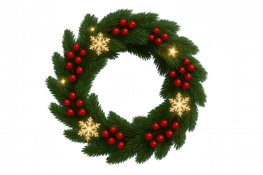 Christmas wreath with green pine branches, red berries, glowing snowflakes, and small lights against a transparent background - Powered by Adobe