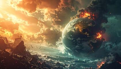 A dystopian view of Earth engulfed in flames, amidst stormy clouds and debris, with a dramatic celestial background