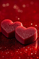 Obraz premium Two red hearts on a red glittery background