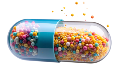 Floating Colorful Capsule with Visible Granules Inside, Soft Glow Effect, Transparent png
