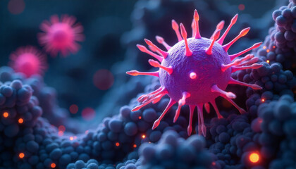 Microscopic View of Infectious Virus with Spikes and Immune Cells, Medical Concept