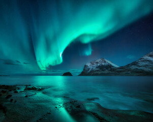 Aurora borealis painting the night starry sky in vibrant green over snowy mountains and reflecting...