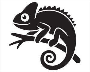 Chameleon silhouette vector illustration perched on branch with curled tail design