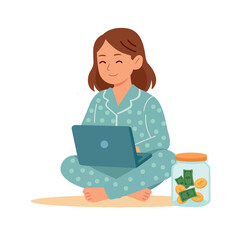 Woman sitting cross legged in pajamas with laptop and money jar flat style illustration isolated on white background