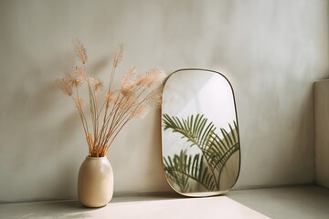 A serene minimalist interior scene featuring dried pampas grass in a ceramic vase next to a modern mirror reflecting green palm leaves.