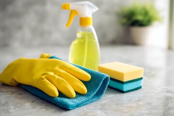 Essential household cleaning tools including yellow gloves, a spray bottle, microfiber cloth, and sponge on a bright surface.