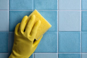 A gloved hand with a yellow sponge meticulously cleans vibrant blue and light blue tiles, emphasizing household hygiene and maintenance.