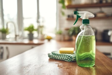 Eco-friendly cleaning supplies, including a green spray bottle, sponge, and towel, ready for household chores on a bright kitchen countertop.