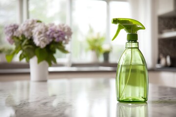 A vibrant green spray bottle stands on a polished marble countertop, with blurred hydrangeas and a bright window in the background, creating a fresh domestic scene.