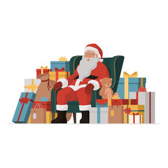 Happy Santa Claus surrounded by Christmas gifts
