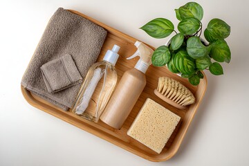 An organized collection of natural cleaning and self-care essentials, including towels, bottles, brush, sponge, and a plant on a wooden tray.