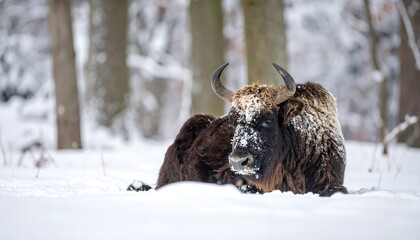 A large, shaggy-furred wild bovine rests in a snowy forest, its horns prominent, with frosted features. The scene is cold and natural
