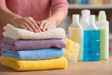 A person's hands gently pressing down on a neatly folded stack of colorful, soft towels, surrounded by laundry detergents.