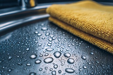 Close-up of sparkling water droplets on a clean metallic surface next to a vibrant yellow microfiber towel, evoking freshness and hygiene.