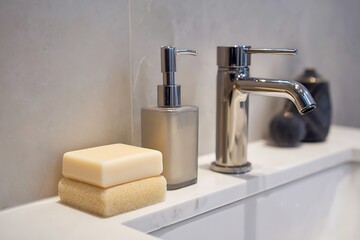 Modern bathroom essentials: bar soap, natural sponge, and chrome faucet on a clean white counter, promoting hygiene and freshness.