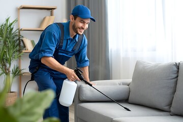 A smiling professional technician in a blue uniform performing pest control or disinfection service on a grey sofa in a modern living room.