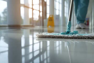 A person diligently mops a sparkling clean, reflective floor in a bright, modern building interior, ensuring hygiene and tidiness.