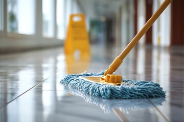 A yellow and blue mop cleans a shiny tiled floor in a bright commercial hallway, with a blurred wet floor sign.