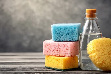 A vibrant still life of colorful cleaning sponges stacked next to a clear bottle of liquid on a wooden surface, symbolizing household hygiene.