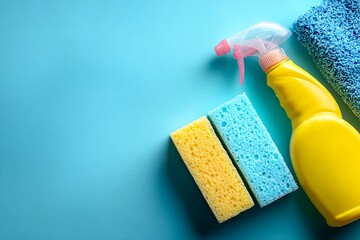 Vibrant cleaning supplies including a yellow spray bottle, colorful sponges, and a blue cloth on a bright blue background, symbolizing household hygiene.