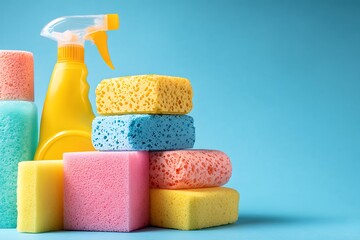 A vibrant collection of colorful cleaning sponges and a yellow spray bottle arranged neatly against a bright blue background, symbolizing freshness and home care.