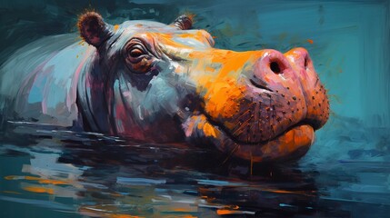 Hippopotamus neon oil paintings thick brushstroke