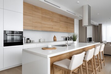 A bright and spacious modern kitchen featuring a white island, light wood cabinets, and sleek appliances, creating an inviting contemporary living space.