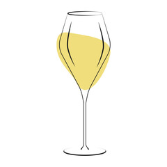 Outline Elegant Stemmed Wine Glass and Spot as White Wine. Sticker Icon Pictogram Minimalist Design