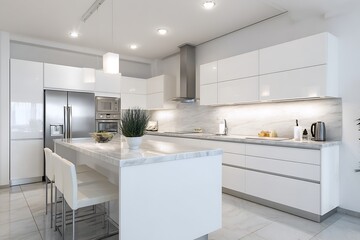 A bright, modern, and minimalist kitchen interior featuring white glossy cabinets, marble countertops, and stainless steel appliances.