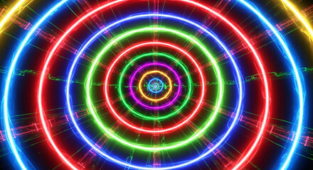 Vibrant neon circles tunnel effect with rainbow colors and light trails