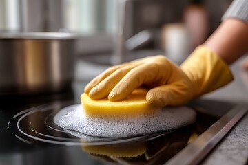 A gloved hand diligently cleans a modern induction cooktop with a yellow sponge and soap suds, ensuring kitchen hygiene.