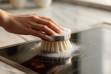 A close-up shot of a hand diligently scrubbing a modern black induction cooktop with a cleaning brush and soap foam.