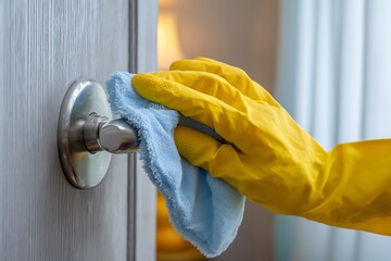 A person wearing yellow gloves diligently cleans a silver door handle with a blue microfiber cloth, ensuring hygiene and safety.