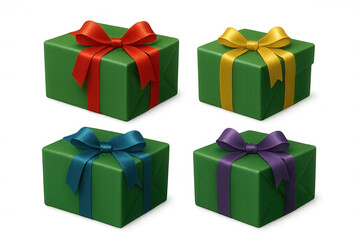 Obraz premium Green gift boxes with colorful ribbons for holiday celebrations, birthdays, anniversaries, and special occasion presents