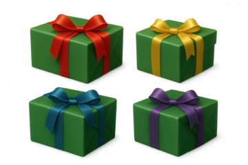 Green gift boxes with colorful ribbons for holiday celebrations, birthdays, anniversaries, and special occasion presents