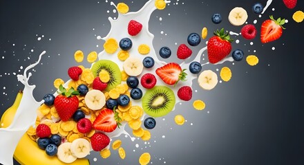 corn flex breakfast cereals, fruits ( berries kiwi banana ) and milk splash on dark gray background healthy food