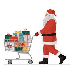 Santa Claus pushing a shopping cart full of Christmas gifts