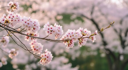 Beautiful branch of sakura tree with pink blossoms against blurred background.