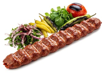 kebab adana kebap urfa turkish food, grilled beef minced meat with vegetables, on white background