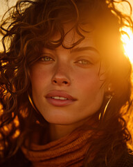 Close-up of woman’s face with sun flare behind