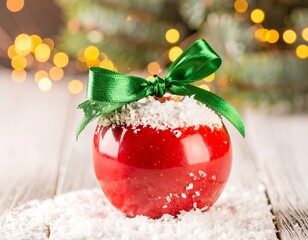 Festive red apple ornament with green ribbon, snowy texture