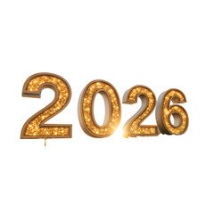 Bright illuminated numbers 2026 on a black background. The numbers are adorned with lights, creating a festive atmosphere. Suitable for New Year celebrations.
