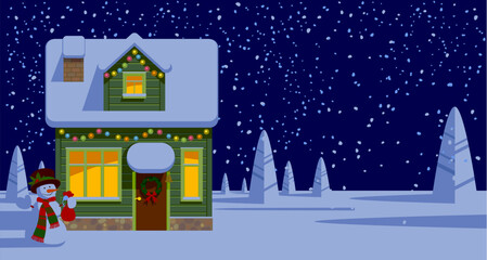 A winter night landscape with snowfall and a green wooden house with glowing windows and a snowman. Christmas and New Year card and billboard advertising poster. Vector illustration in flat style