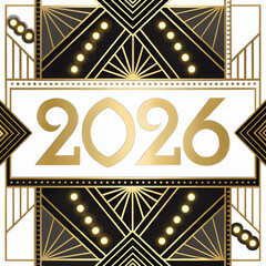 A decorative design featuring the year 2026 in gold against a black background. The style is geometric with art deco elements and bright accents.